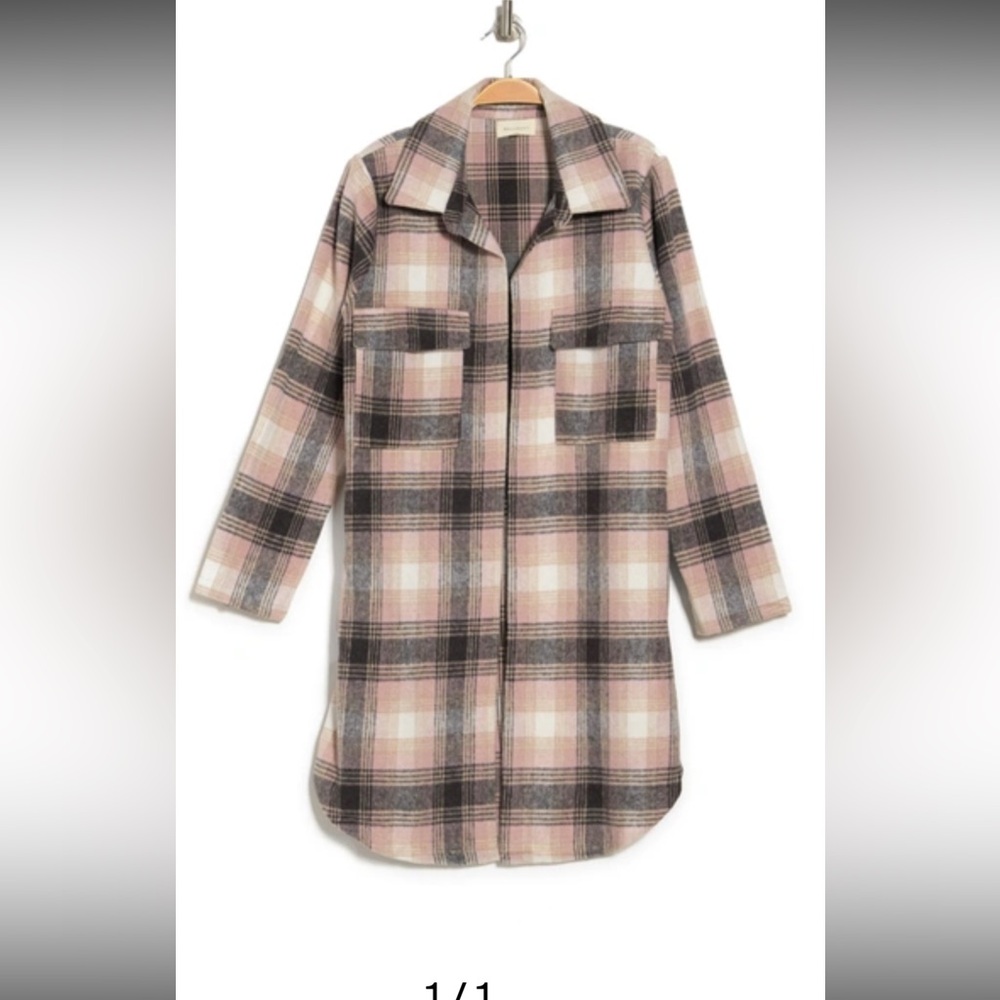 MELLODAY Pink and Gray Checkered Open Front Plus Size Flannel Shacket